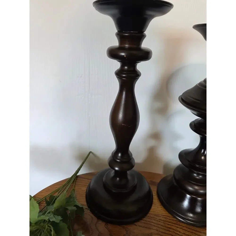 Pottery Barn Turned Wood Pillar Candle Holders Set Dark Brown Espresso 3 Pc